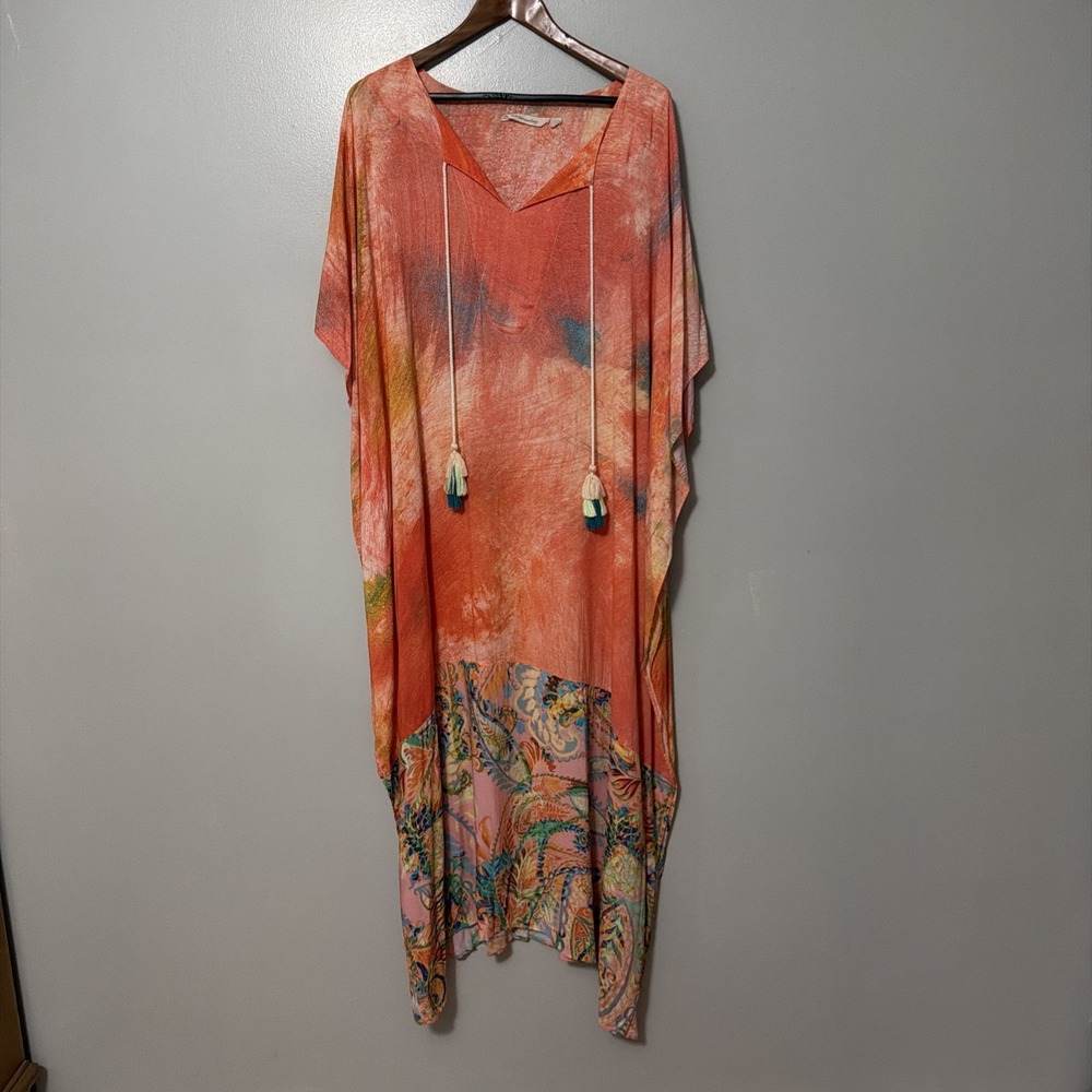 Soft Surroundings Xl Kaftan Orange Paisley Tropical Resort Beach Cover Up